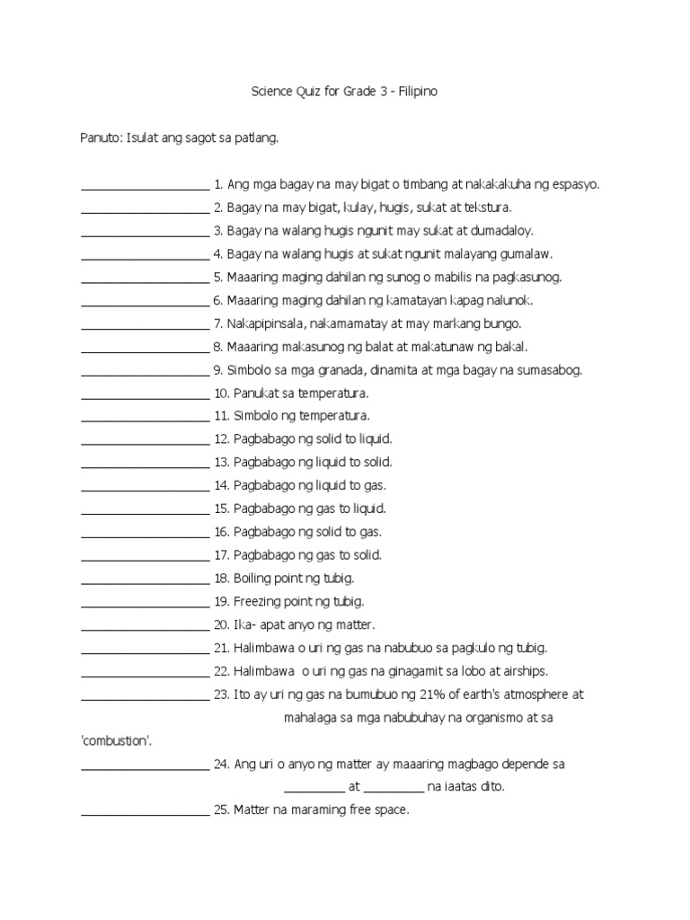 Science Quiz For Grade 3 Filipino | PDF