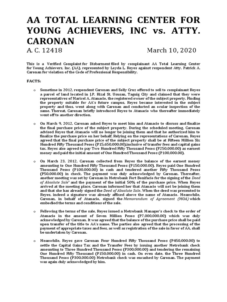 Disbarment Case: AA Learning Center vs. Caronan | PDF | Lawyer | Prosecutor