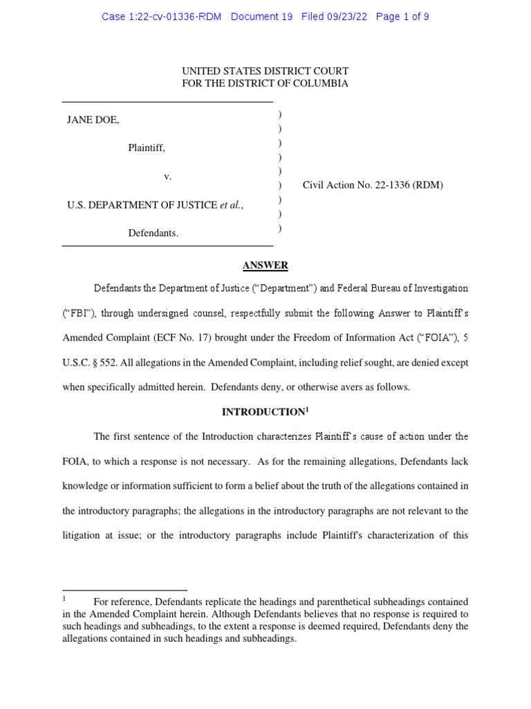 Answer to amended complaint by department of justice federal bureau of
