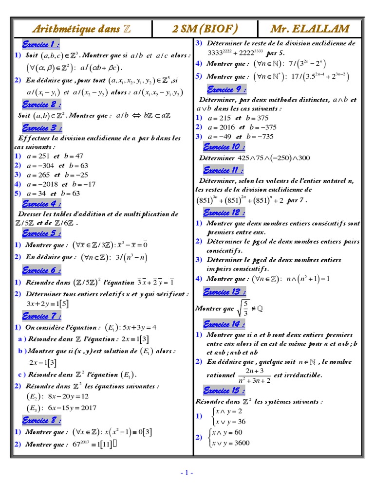 Arithmétique pour 2 SM - Exercices Corrigés | PDF | Nombre premier ...