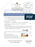 AT de Física 9a Classe sobre compressibilidade, temperatura, efeito estufa, momento e alavancas