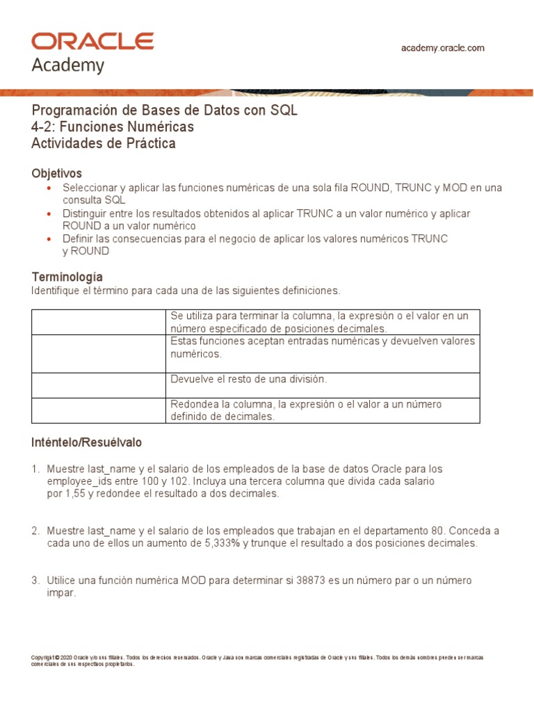 DP 4 2 Practice Esp | Descargar gratis PDF | SQL | Oracle Corporation