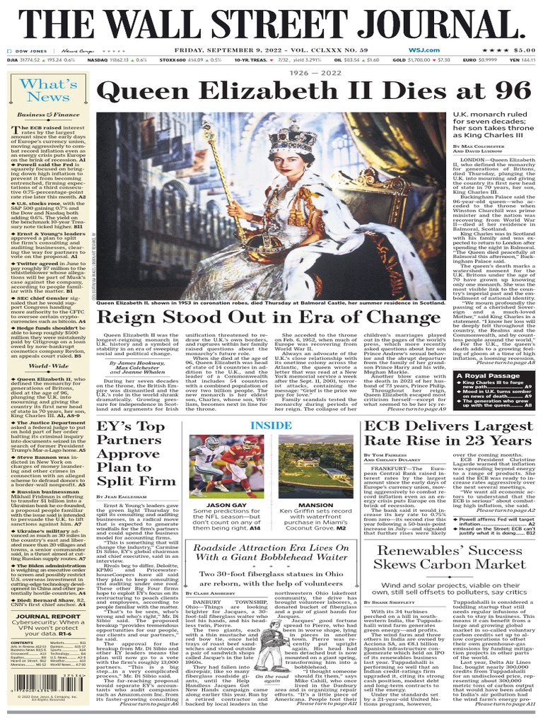The Wall Street Journal - 09.09.2022 | PDF | Federal Reserve | Inflation