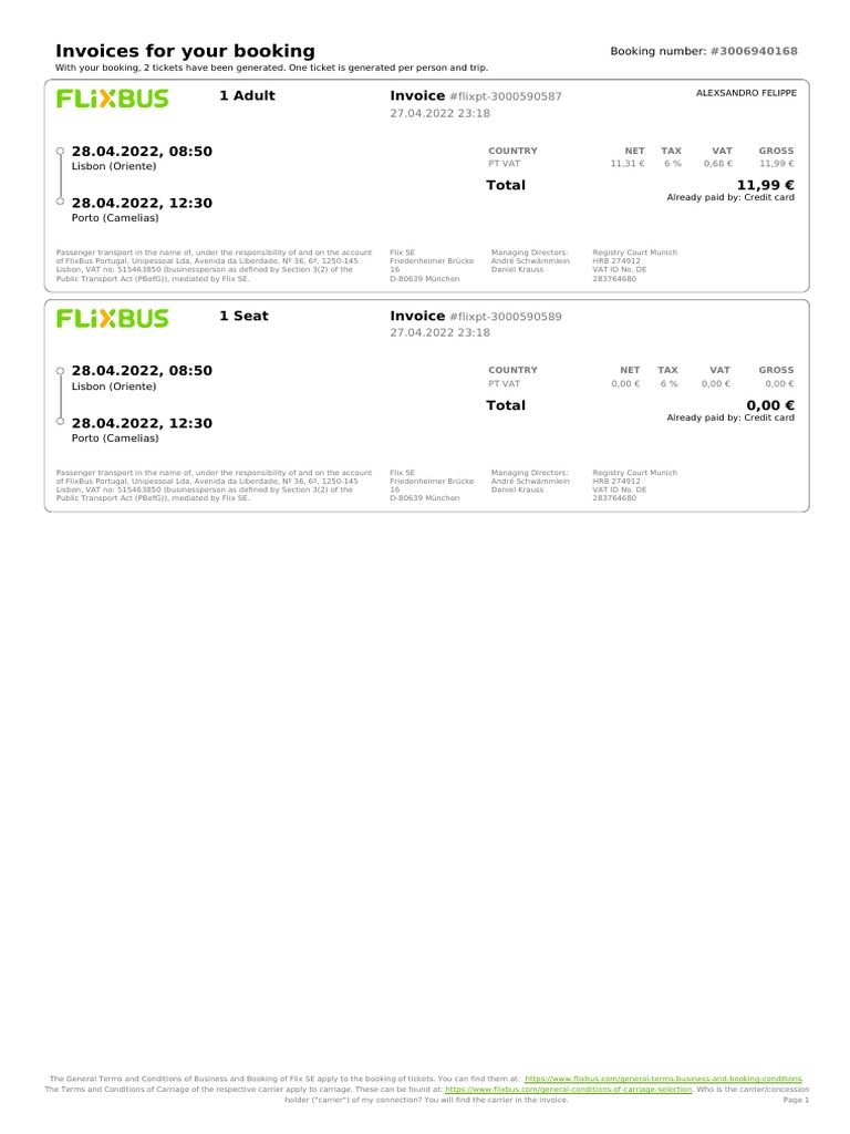 FLIXInvoice3006940168 PDF Value Added Tax Lisbon
