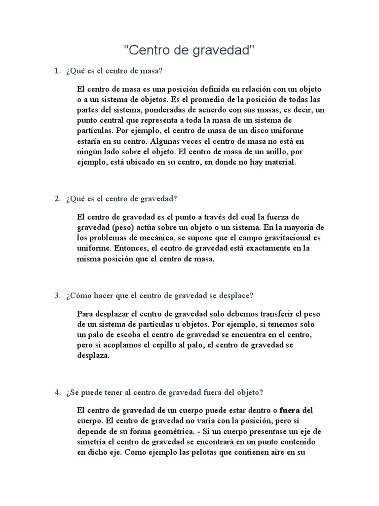 Centro de Gravedad PDF Centro de masa Masa