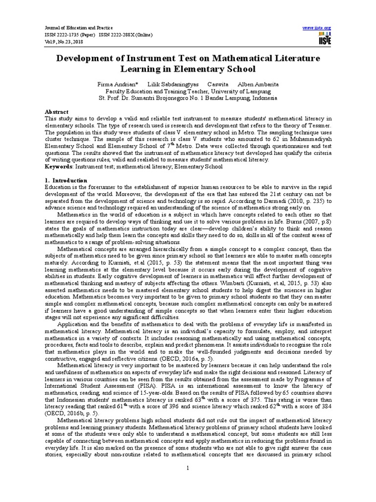 Development of instrument test on mathematical literature learning in