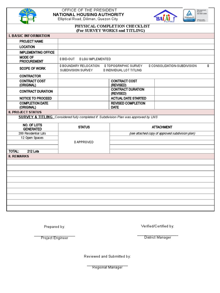 Completion Checklist Land Development & Survey | PDF