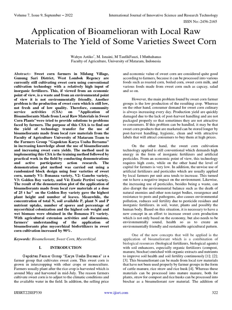 Application of Bioamelioran With Local Raw Materials To The Yield of