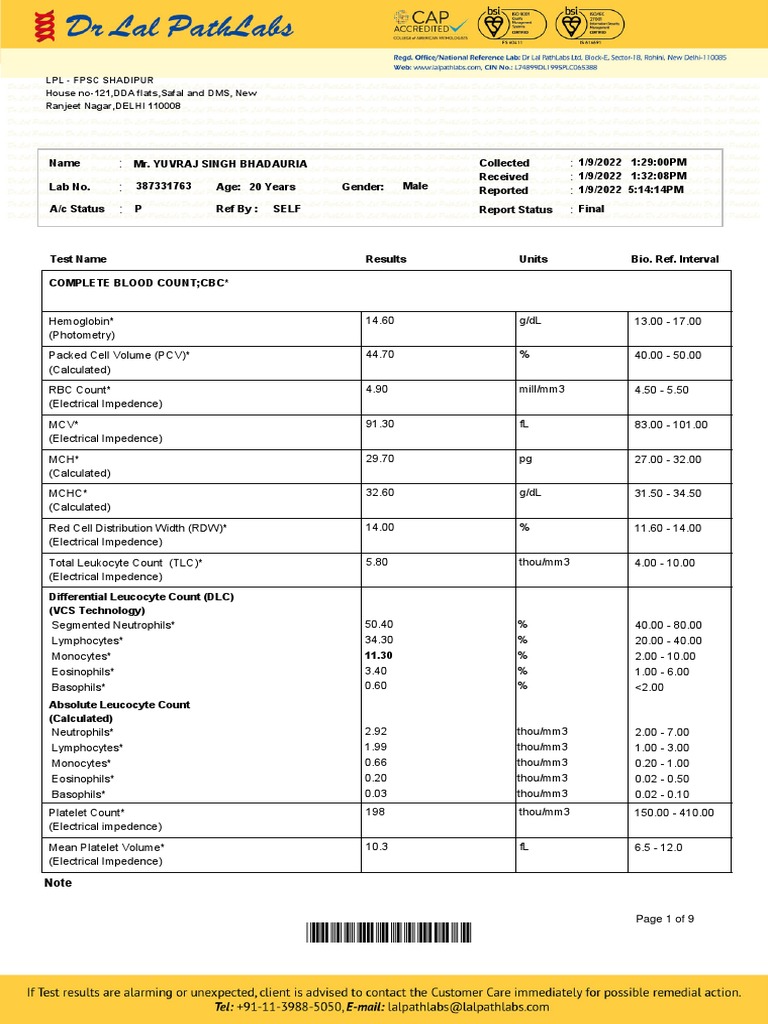 Blood Test Report for Yuvraj Singh | PDF | High Density Lipoprotein ...