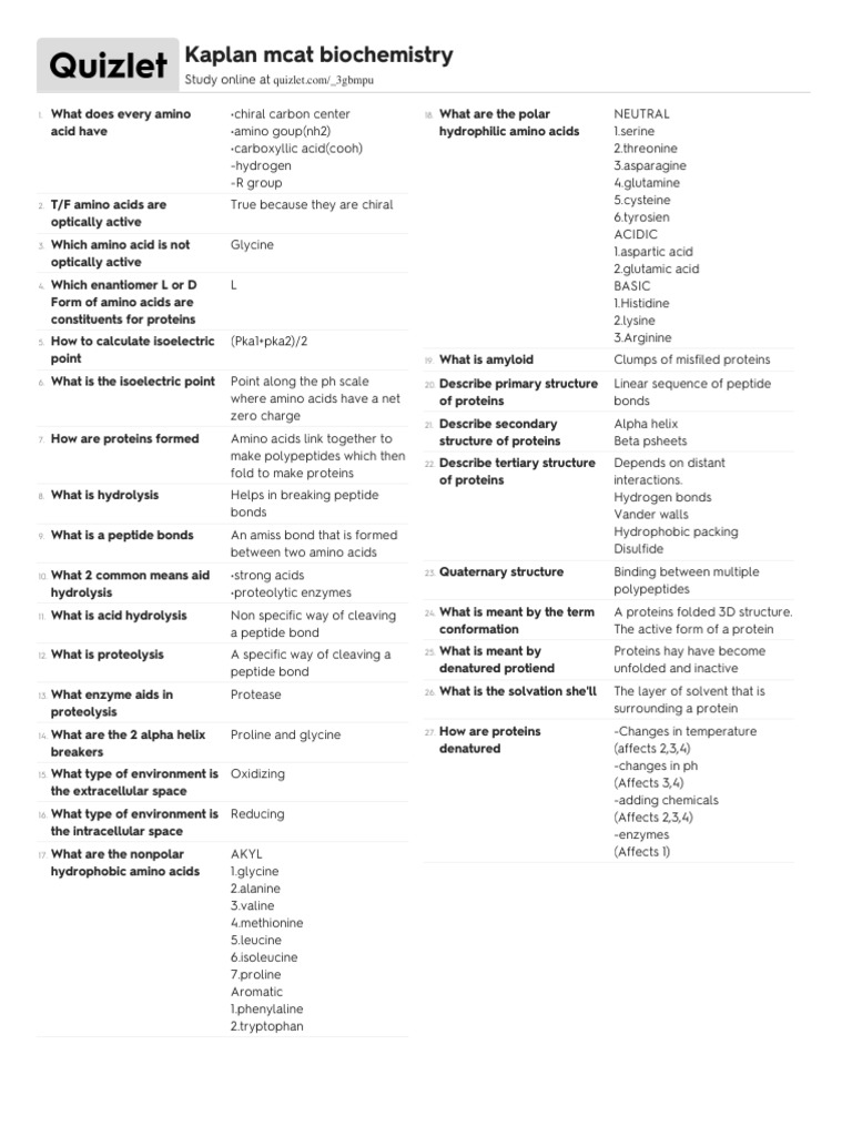Kaplan BiochemQuizlet PDF Amino Acid Proteolysis