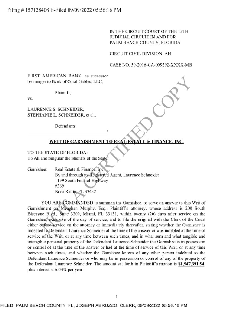 1074 157128408 Writ of Garnishment To Real Estate & Fin 9 9 2022 PDF