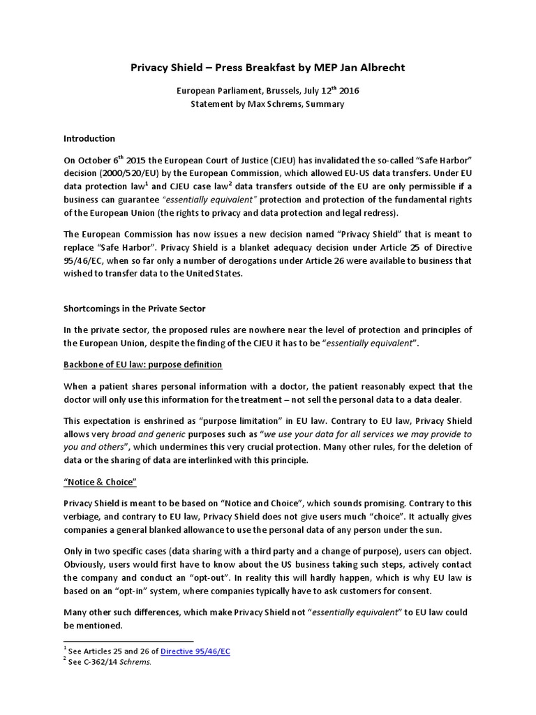 An Analysis of the of the EUUS Privacy Shield Framework