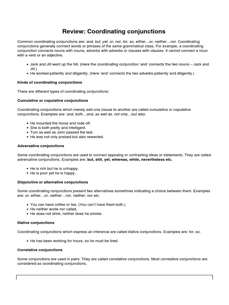Review Coordinating Conjunctions | PDF