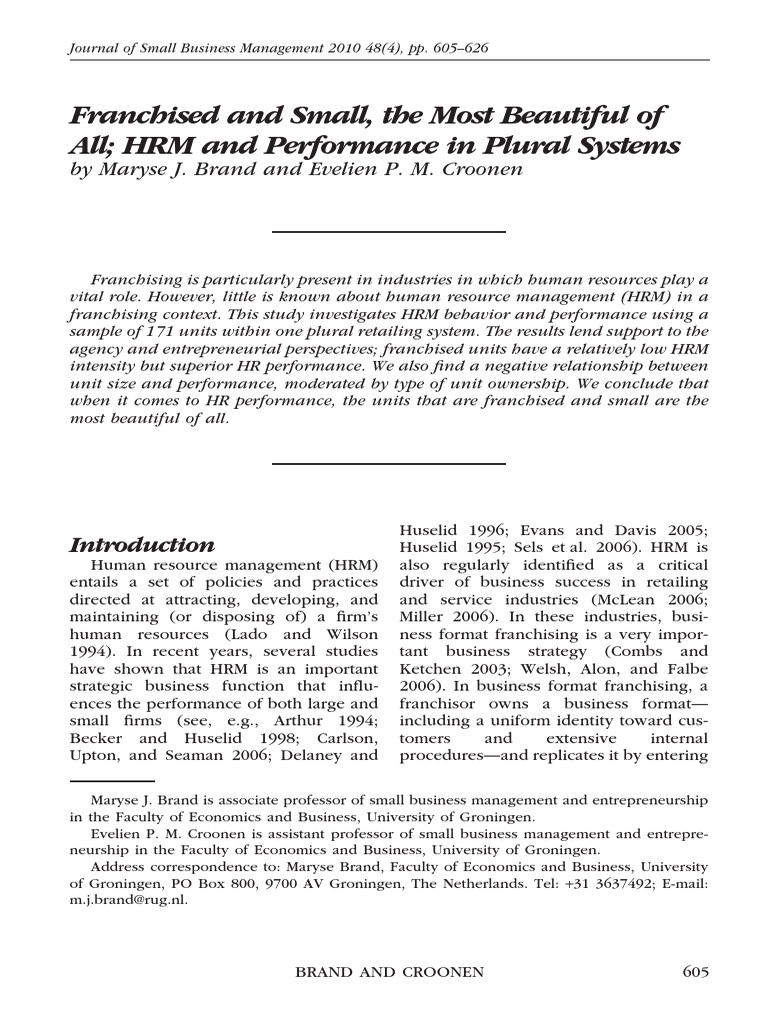 Franchised and Small, The Most Beautiful of All HRM and Performance in Plural Systems PDF