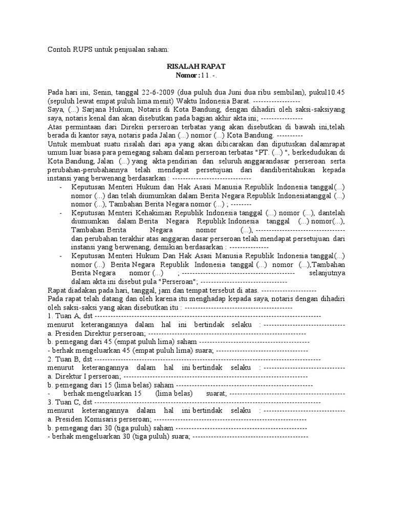 Contoh RUPS Untuk Penjualan Saham | PDF