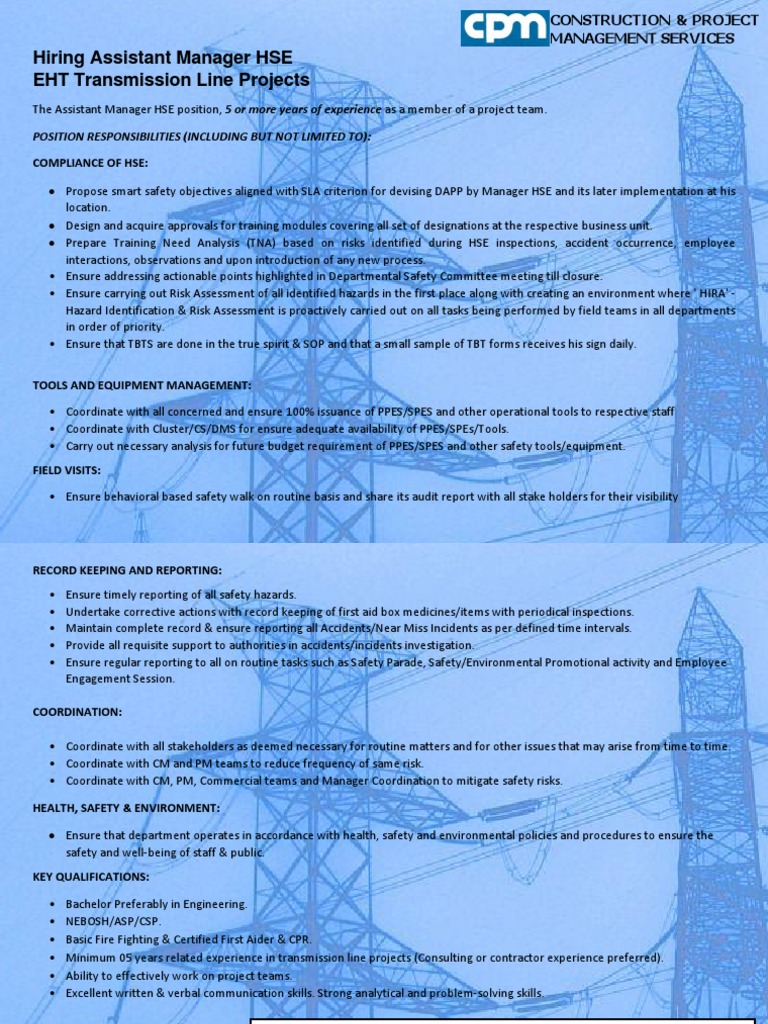 Assistant Manager HSE Job Overview | PDF | Risk | Personal Protective ...