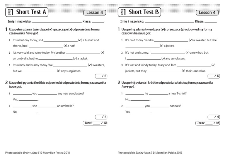 Brainy Klasa 5 ćwiczenia Odpowiedzi Brainy 5 Short Tests Unit 1 Lesson 4 | PDF