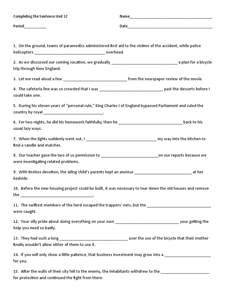 Sentence Completion Exercises Unit 1C | PDF