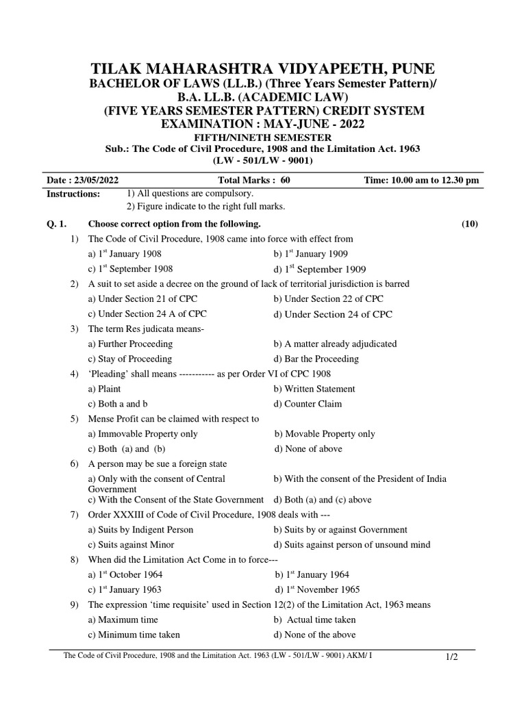 Lw 501 9001 the code of civil procedure 1908 and the limitation