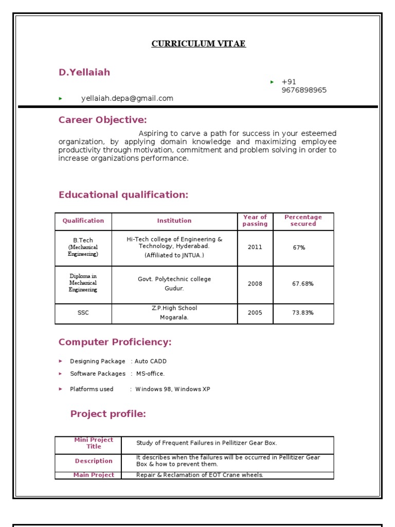 D.Yellaiah Mechanical Engineer CV | PDF