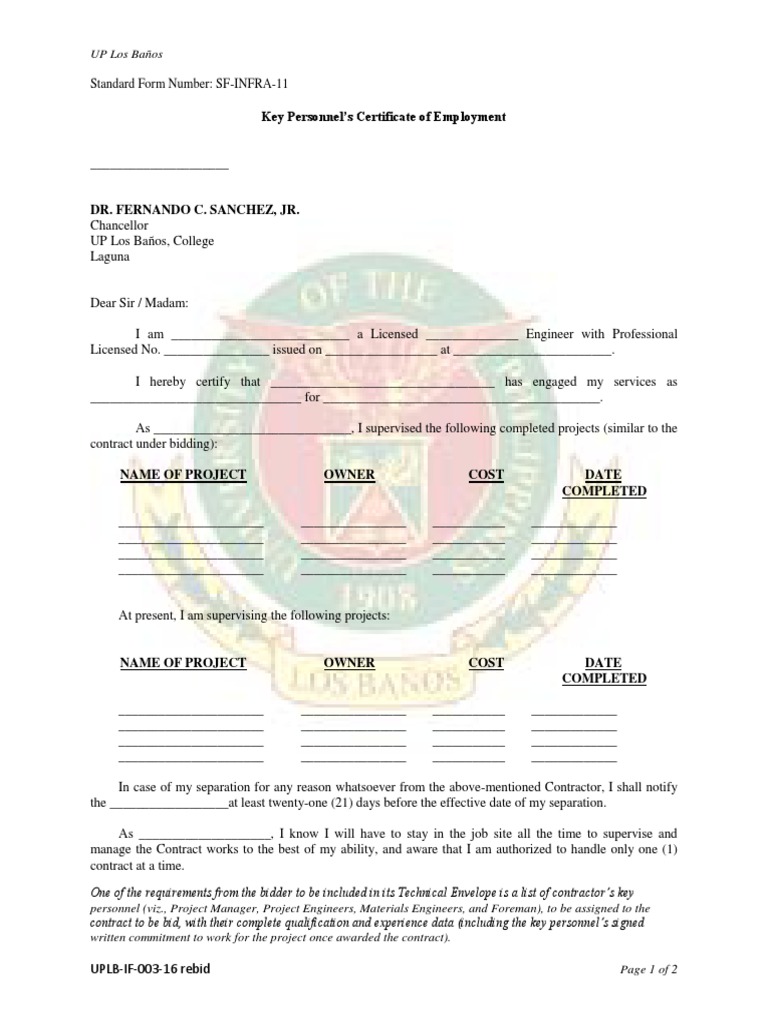 SF-INFRA-11 Key Personnel's Certificate of Employment | PDF | Business
