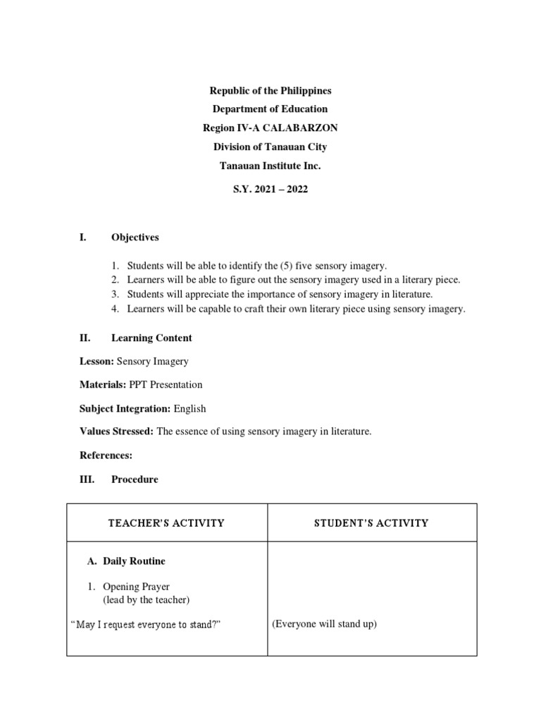 Lesson Plan (SENSORY IMAGES) | PDF | Senses | Perception