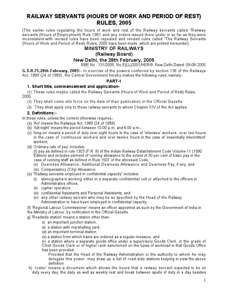Rly Servant Hours of Work and Period of Rest Rule 2005 | PDF | Overtime ...