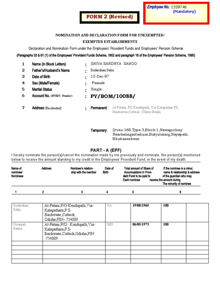 Nomination and Declaration Form For Unexempted PDF Pension Retirement