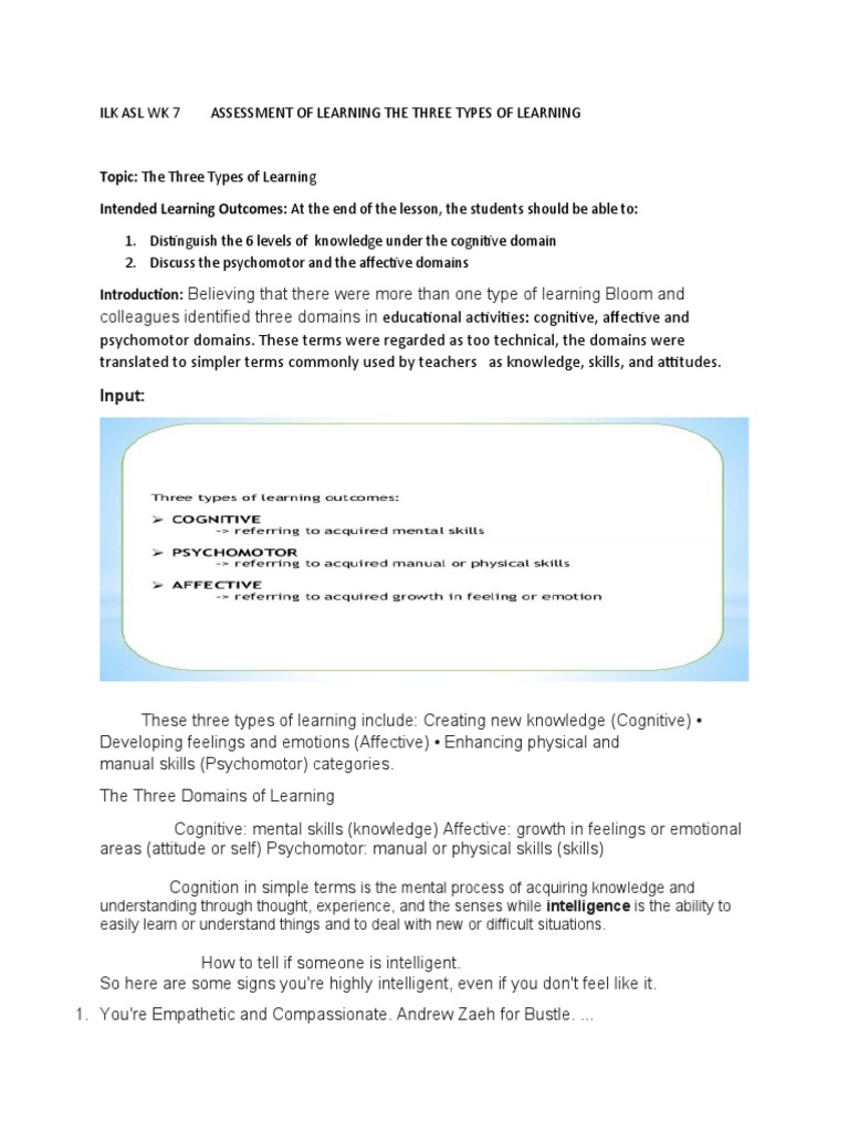 Ilk Asl WK 7 The Three Types of Learning PDF Learning Affect