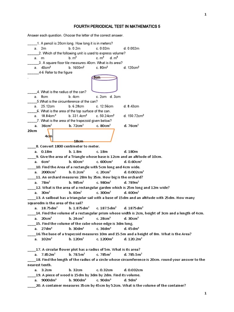 Mathematics 5 Periodical Test | PDF | Chemistry | Metrology