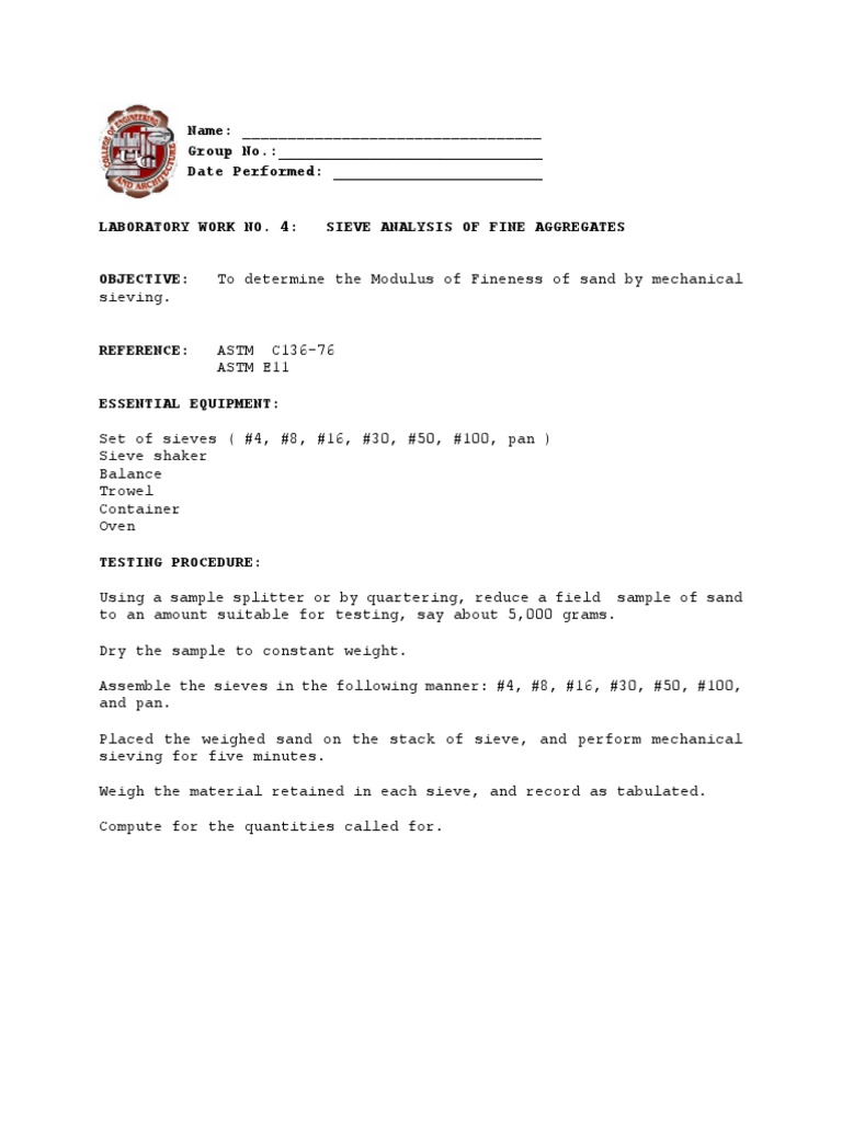 Sieve Analysis of Fine Aggregates Lab | PDF