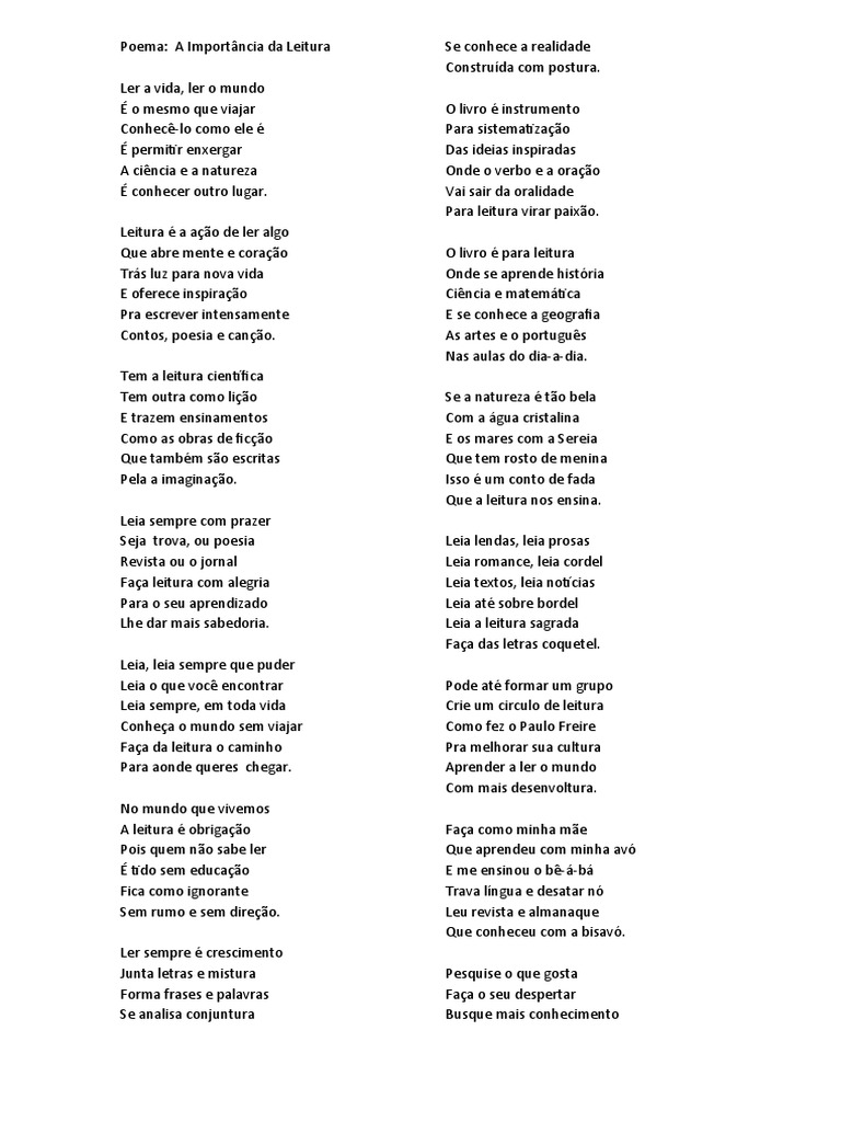 A Importancia Da Leitura, Poema | PDF | Science | Poesia