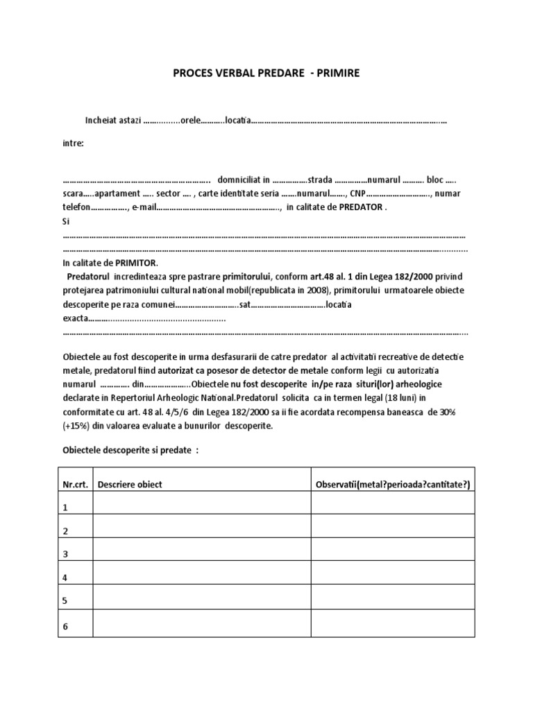Proces Verbal Predare Primire | PDF