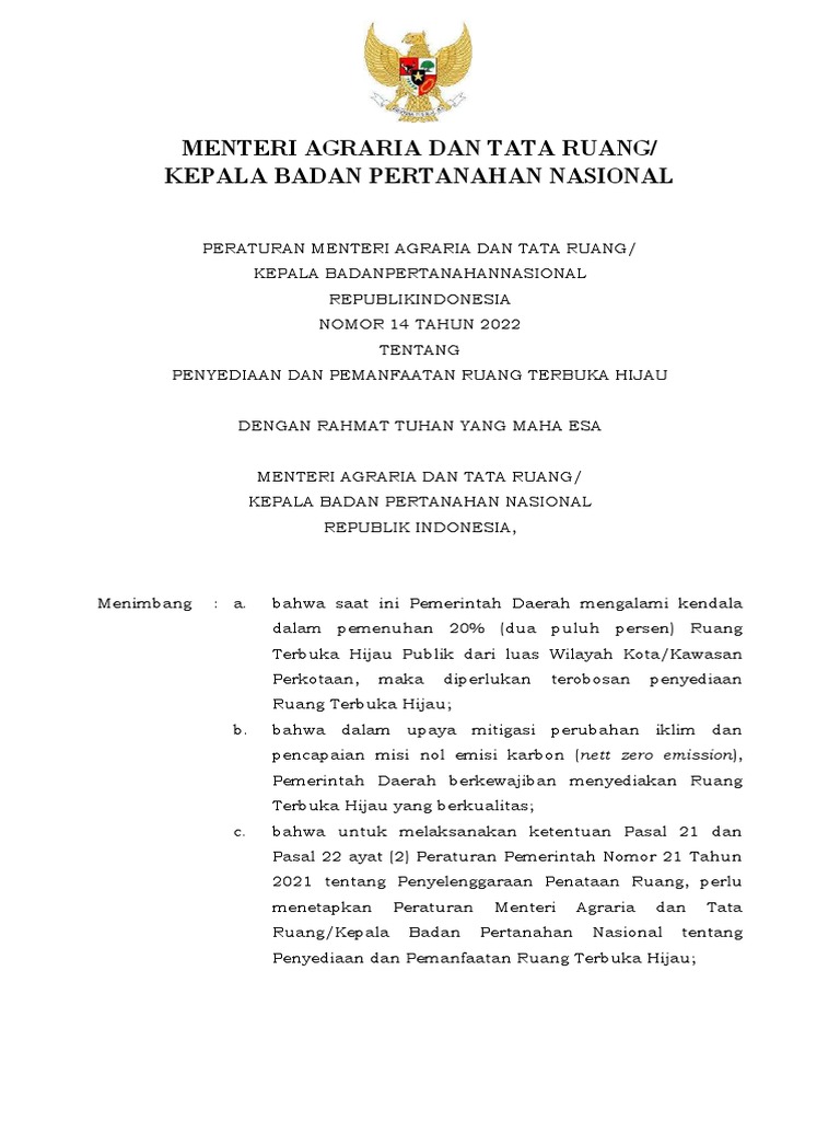 Permen ATR BPN 14 2022 - Pemanfaatan RTH | PDF