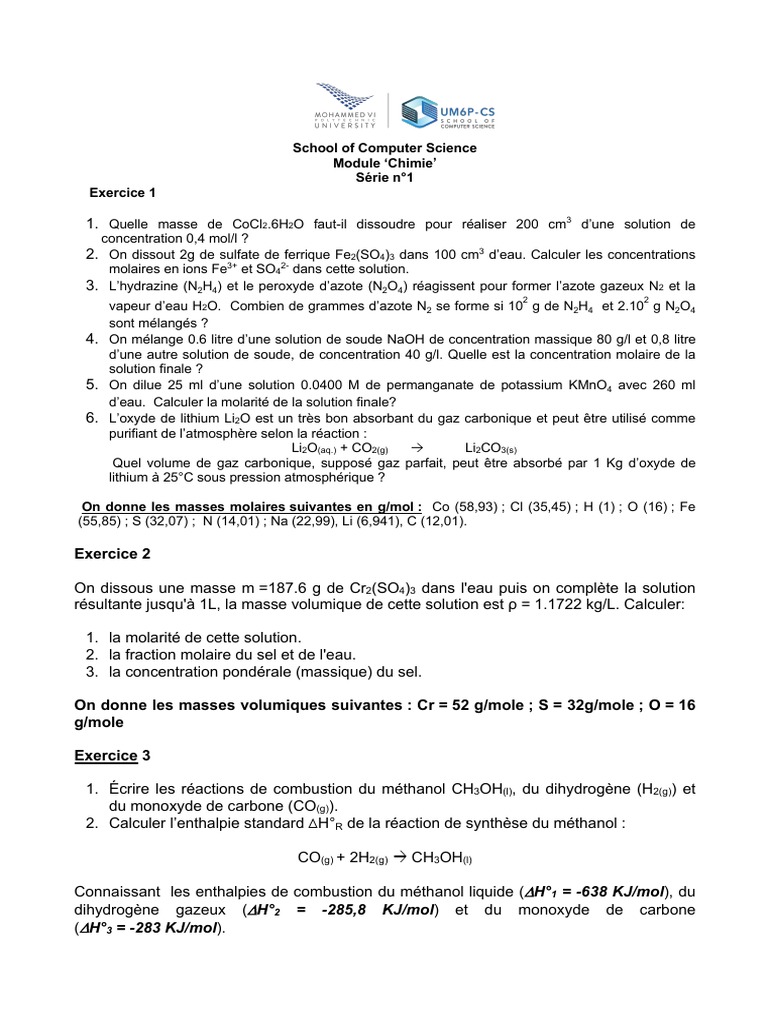 Masse molaire et concentration en chimie | PDF | Concentration molaire ...