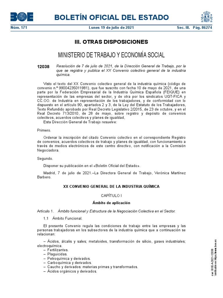 Convenio Industria Quimica PDF Tratado Acuerdo colectivo