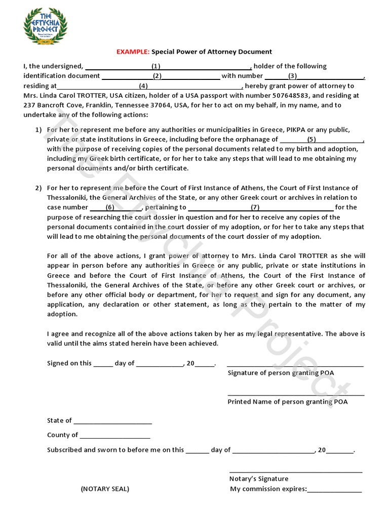 TEP Special POA Document With Instructions PDF Notary Public