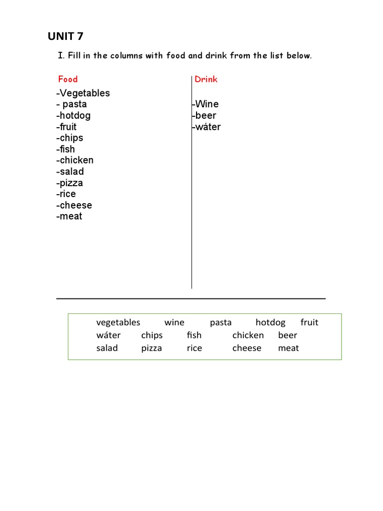 Food and Drink Vocabulary Exercise | PDF | Lunch | Nutrition