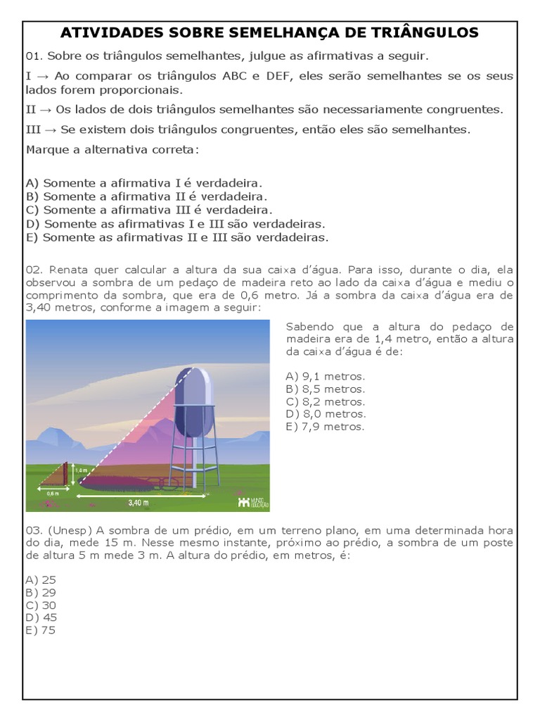 Atividades de Semelhança de Triângulos | PDF | Triângulo | Geometria ...