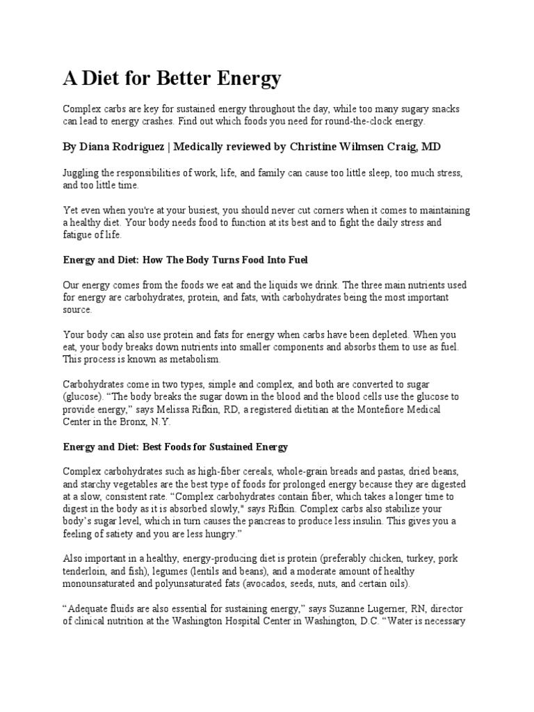 A Diet For Better Energy PDF Carbohydrates Food Energy
