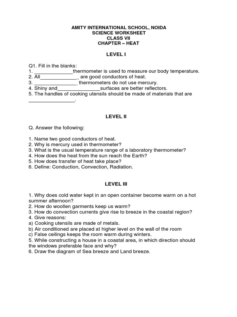 Class 7 Heat Worksheet PDF