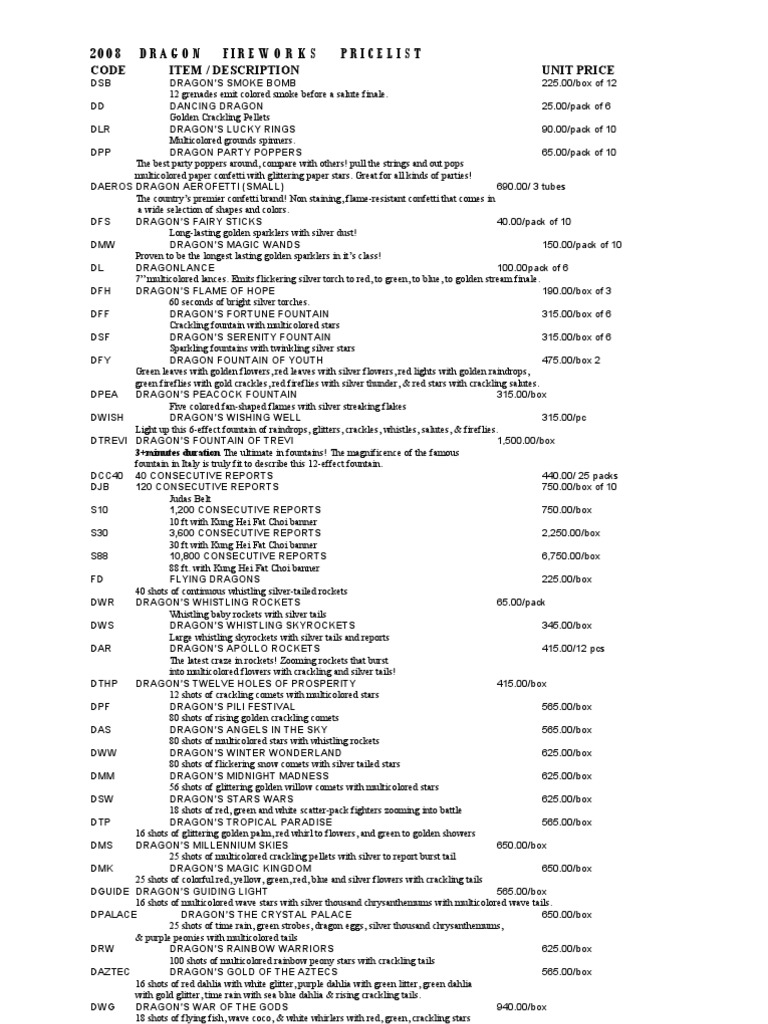2008 Dragon Fireworks Pricelist | PDF | Fireworks | Nature