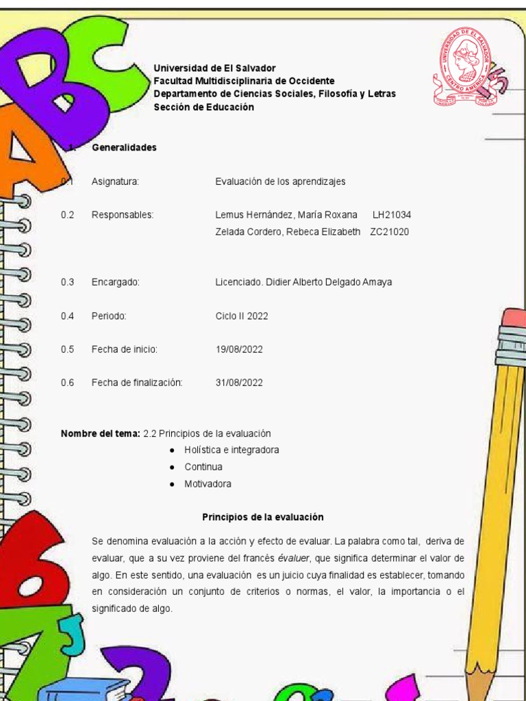 Principios de Evaluación Educativa | PDF | Evaluación | Aprendizaje