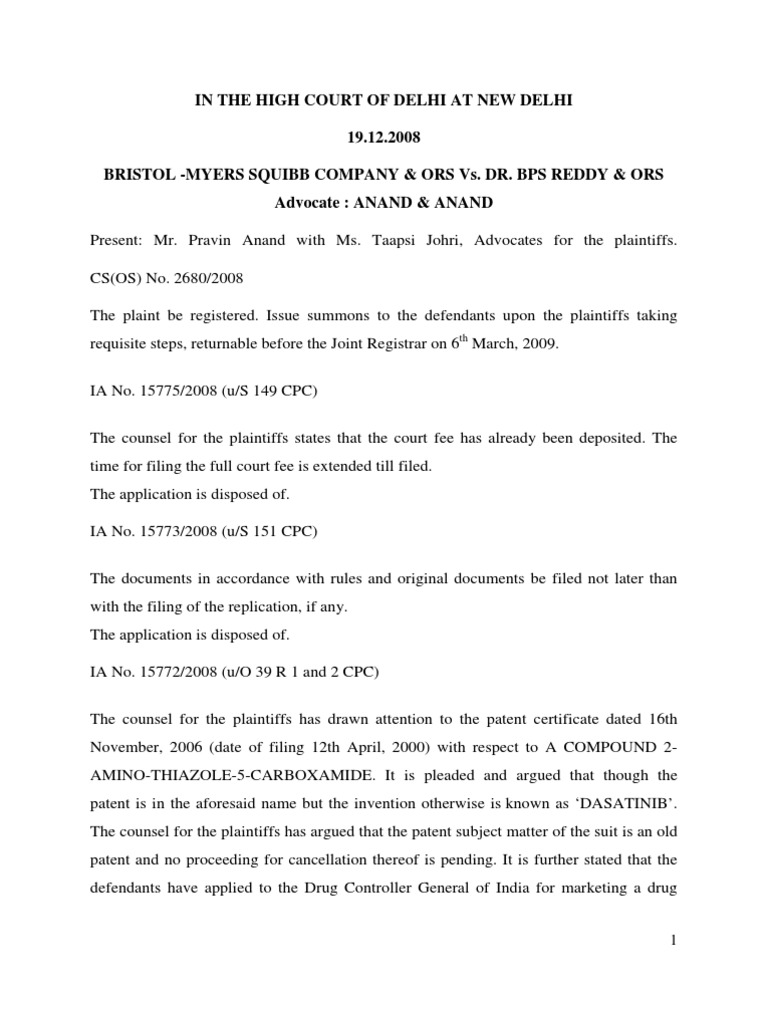 Patent Infringement Case: BMS vs. Reddy | PDF | Patent | Ex Parte