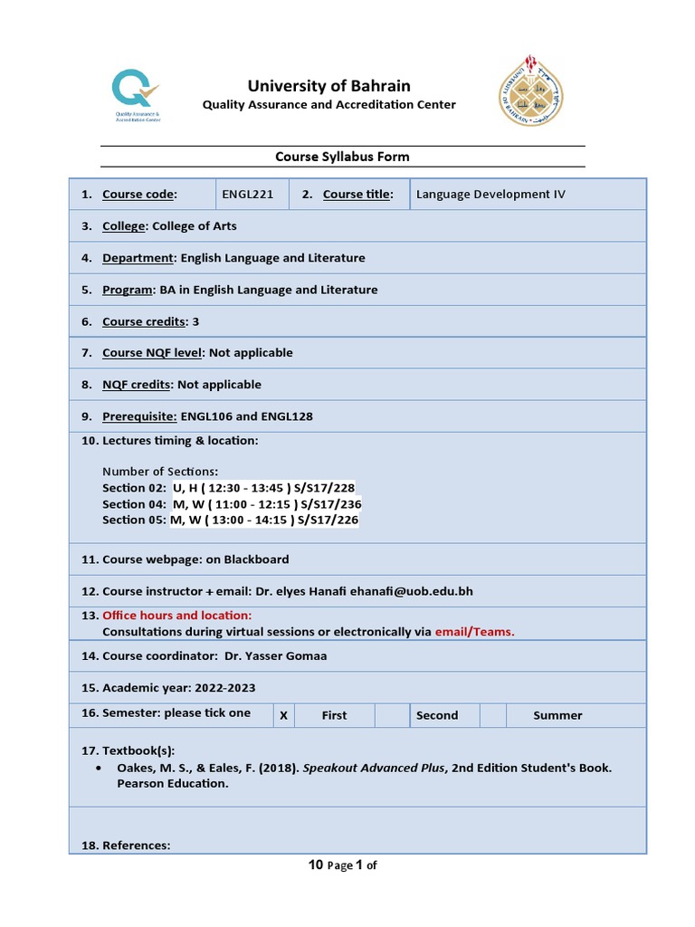 Course Specifications Form Pdf Linguistics Test Assessment