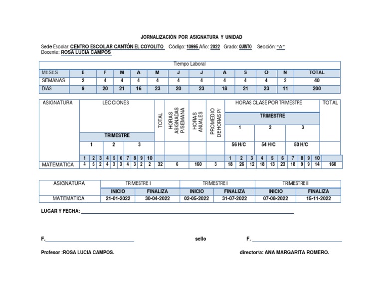 Jornalización Por Asignatura y Unidad Quinto Grado Matematicas PDF