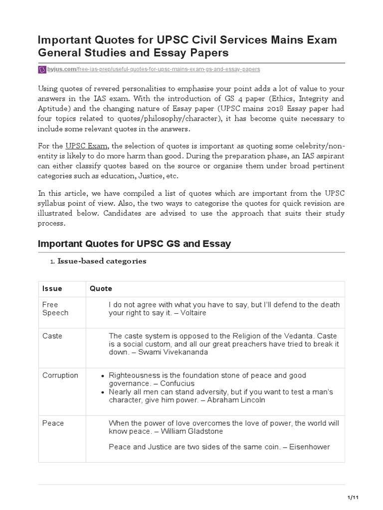 UPSC Mains: Essential Quotes Guide | PDF | Conscience | Thought, image size:768x1024