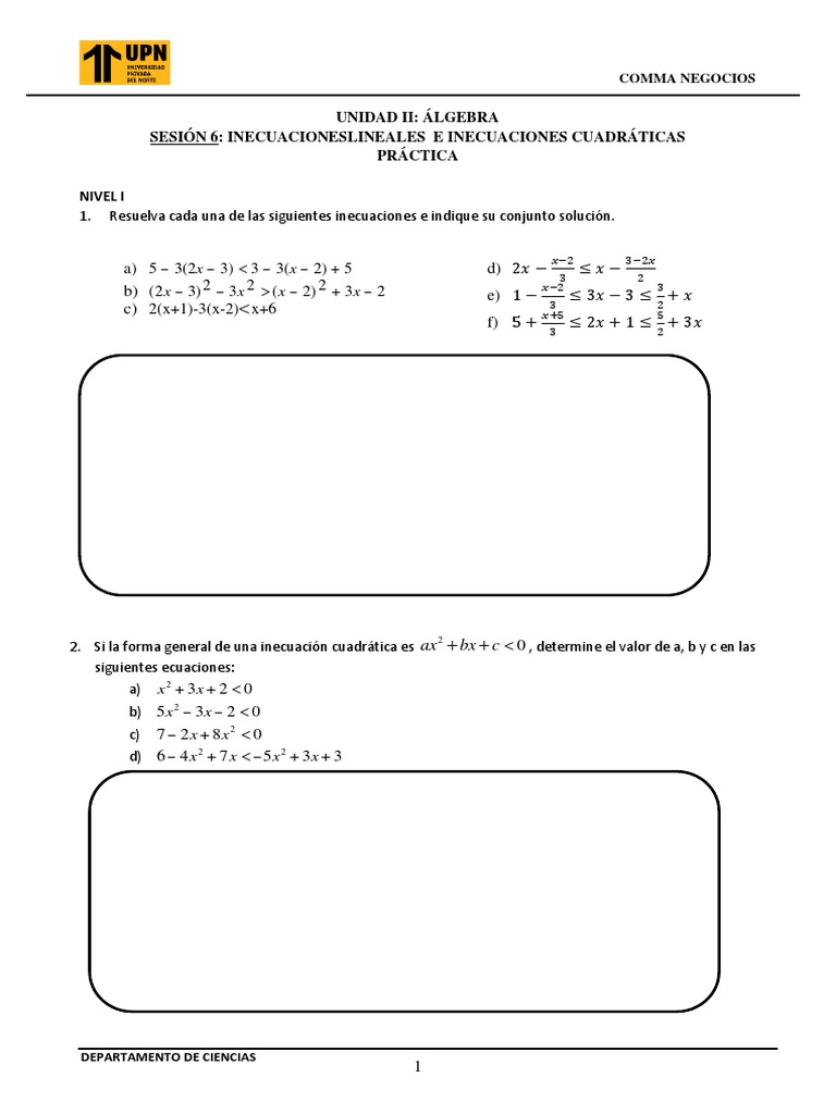 HT - 06 - Inecuacion Lineal e Inec Cuadrática - PRACTICA - 2021-1 | PDF ...
