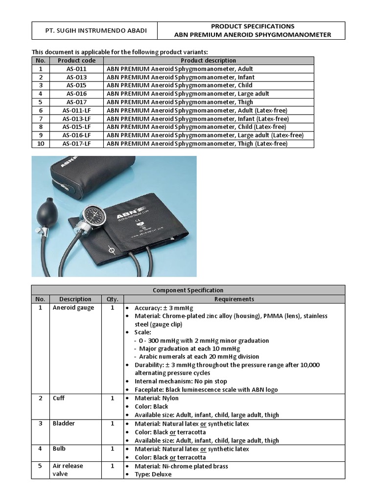 Spesifikasi ABN PREMIUM Aneroid Sphygmomanometer PDF Pressure