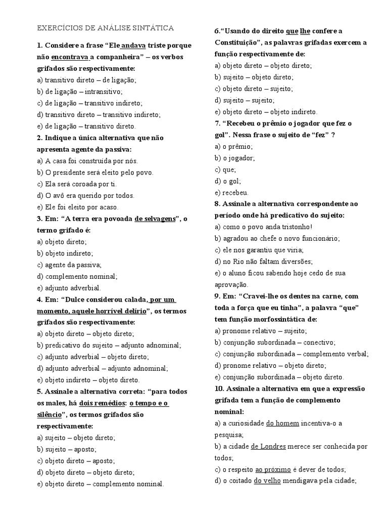 Exercícios de Análise Sintática | PDF | Predicado (gramática) | Assunto ...